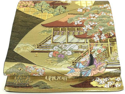 平和屋本店▼六通柄袋帯　唐織　慶宝絵巻　扇面源家春秋文　本金箔二重織　正絹　逸品　DABI5485op