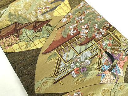 平和屋本店▼六通柄袋帯　唐織　慶宝絵巻　扇面源家春秋文　本金箔二重織　正絹　逸品　DABI5485op