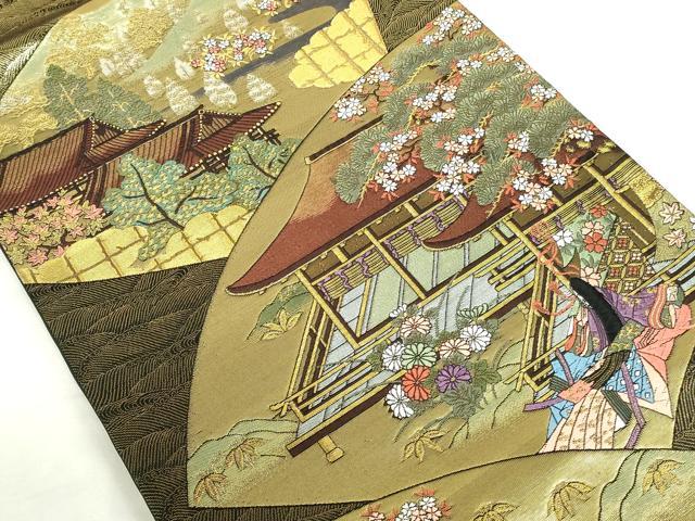 平和屋本店▼六通柄袋帯　唐織　慶宝絵巻　扇面源家春秋文　本金箔二重織　正絹　逸品　DABI5485op