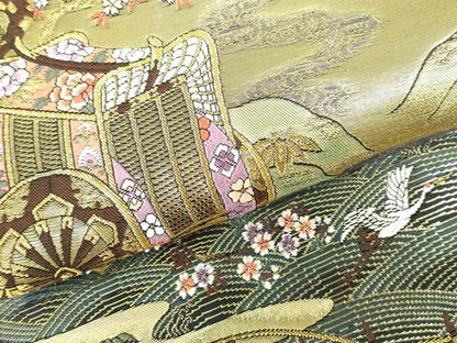 平和屋本店▼六通柄袋帯　唐織　慶宝絵巻　扇面源家春秋文　本金箔二重織　正絹　逸品　DABI5485op