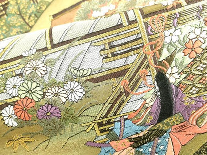 平和屋本店▼六通柄袋帯　唐織　慶宝絵巻　扇面源家春秋文　本金箔二重織　正絹　逸品　DABI5485op