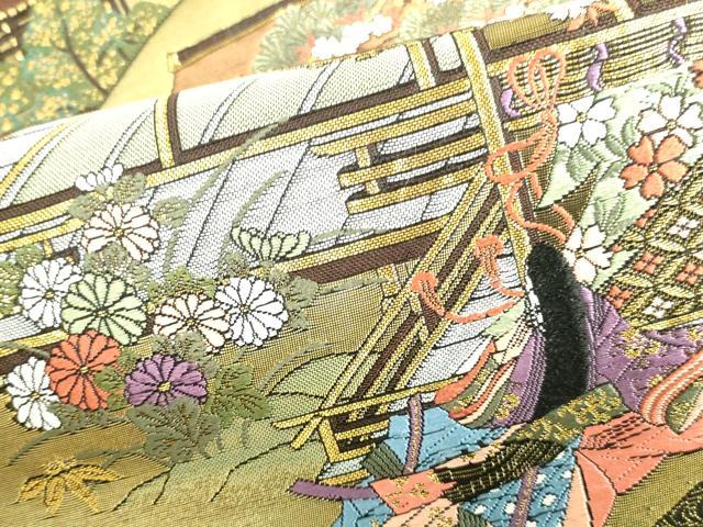 平和屋本店▼六通柄袋帯　唐織　慶宝絵巻　扇面源家春秋文　本金箔二重織　正絹　逸品　DABI5485op