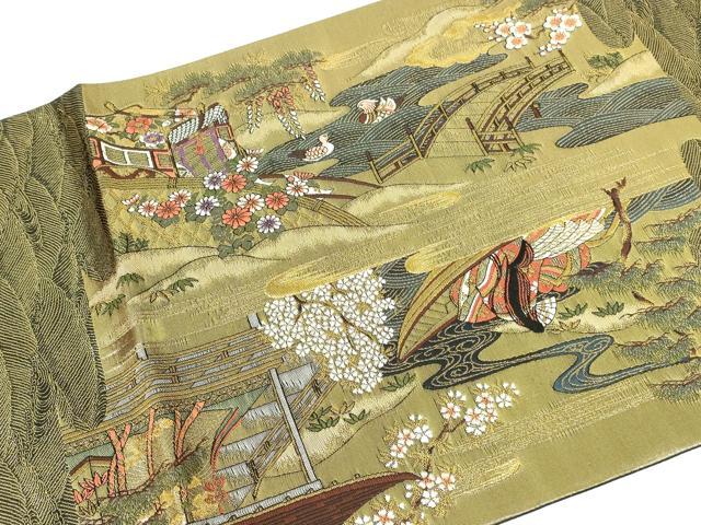 平和屋本店▼六通柄袋帯　唐織　慶宝絵巻　扇面源家春秋文　本金箔二重織　正絹　逸品　DABI5485op