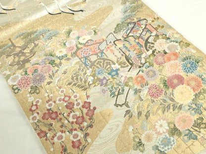 平和屋本店▼六通柄袋帯　唐織　優雅渓谷御車文　本金箔　正絹　逸品　DABI5488op