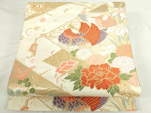 平和屋本店▼六通柄袋帯　唐織　裂取能衣文　純金箔K24金箔　正絹　逸品　DABI5490op