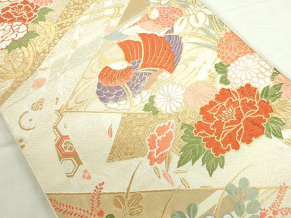 平和屋本店▼六通柄袋帯　唐織　裂取能衣文　純金箔K24金箔　正絹　逸品　DABI5490op