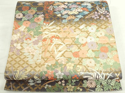 平和屋本店▼六通柄袋帯　唐織　能衣桧垣文　純金箔　正絹　逸品　DABI5493op