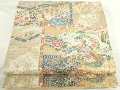 平和屋本店▼六通柄袋帯　唐織　屏風花鳥流水文　本金箔　正絹　逸品　DABI5495op