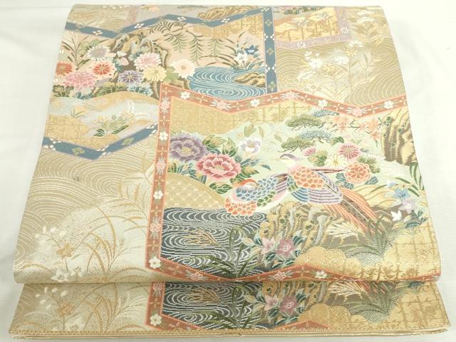 平和屋本店▼六通柄袋帯　唐織　屏風花鳥流水文　本金箔　正絹　逸品　DABI5495op