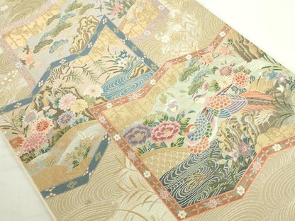 平和屋本店▼六通柄袋帯　唐織　屏風花鳥流水文　本金箔　正絹　逸品　DABI5495op