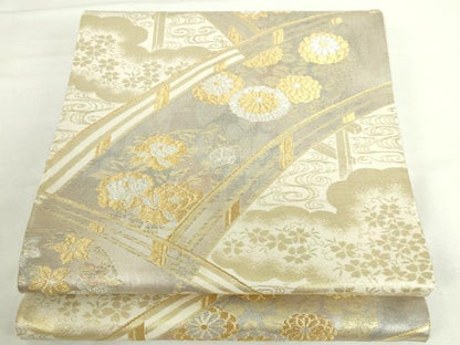平和屋本店▼六通柄袋帯　渡橋花文　純金箔二重引　24金　正絹　逸品　DABI5496op