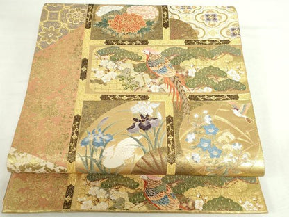 平和屋本店▼六通柄袋帯　唐織　名物裂に書院花鳥文　純金箔　正絹　逸品　DABI5507op