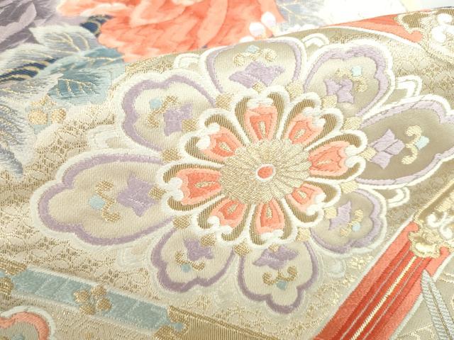 平和屋本店▼六通柄袋帯　唐織　孔雀華美　九百錦純金箔　正絹　逸品　DABI5510op