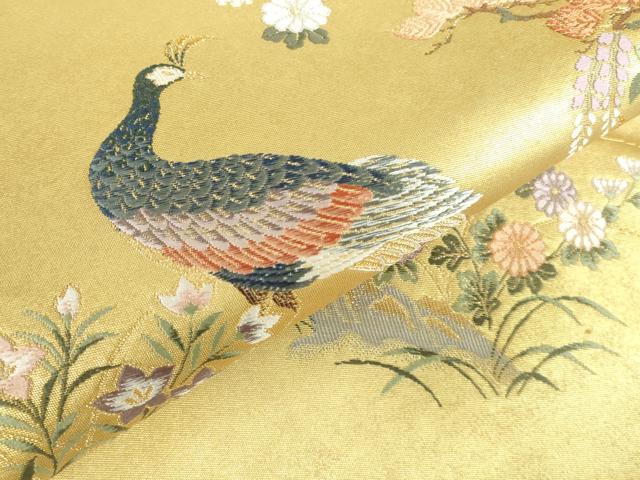 平和屋本店●太鼓柄袋帯　唐織　孔雀絵文　金泥箔　本金箔　正絹　逸品　DABI5513op