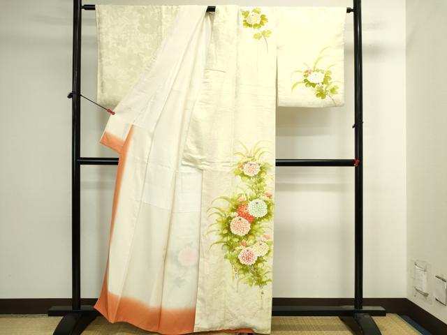 平和屋着物▼訪問着　手描き　菊　正絹　逸品　DABI5545op