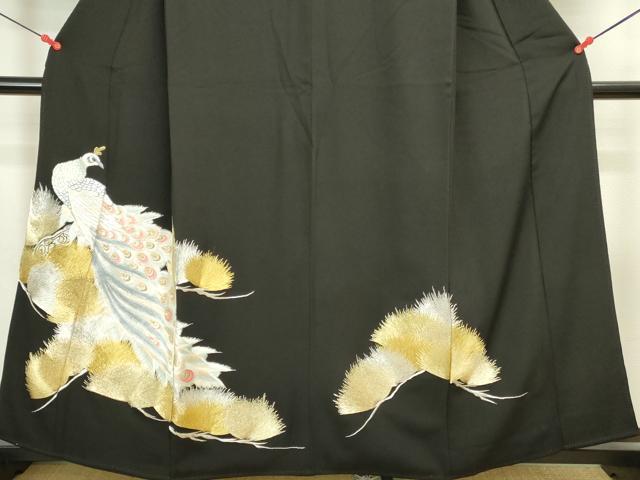 平和屋着物▼豪華黒留袖　総刺繍　孔雀松文　金銀糸　正絹　逸品　DABI5548op