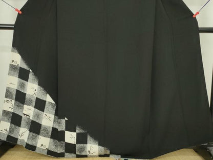 平和屋着物●訪問着　市松花文　黒地　鬼しぼ縮緬　正絹　逸品　DABI5571op