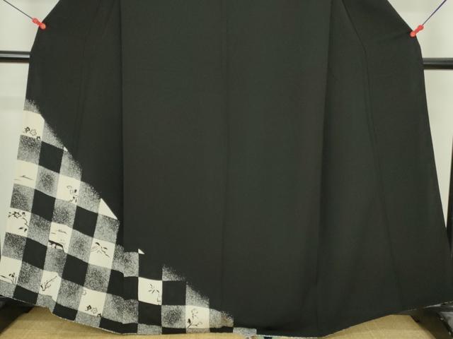 平和屋着物●訪問着　市松花文　黒地　鬼しぼ縮緬　正絹　逸品　DABI5571op