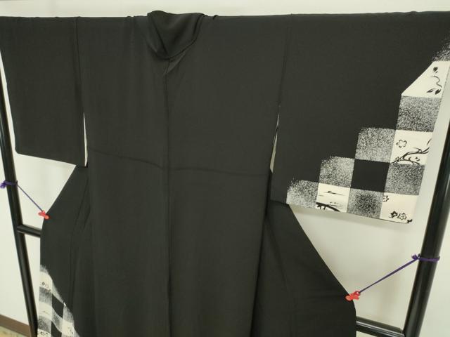 平和屋着物●訪問着　市松花文　黒地　鬼しぼ縮緬　正絹　逸品　DABI5571op