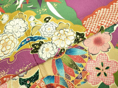 平和屋着物●ファッションデザイナー 花井幸子　振袖　駒刺繍　辻が花　雪輪花文　金彩　正絹　逸品　DABI5578op