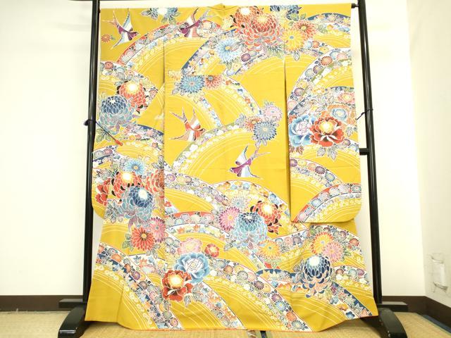 平和屋着物●豪華振袖　紅型　乱菊　花鳥文　正絹　逸品　DABI5583op