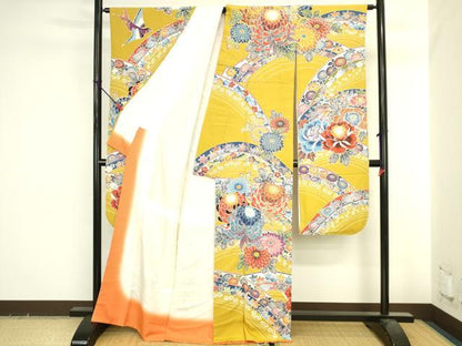 平和屋着物●豪華振袖　紅型　乱菊　花鳥文　正絹　逸品　DABI5583op