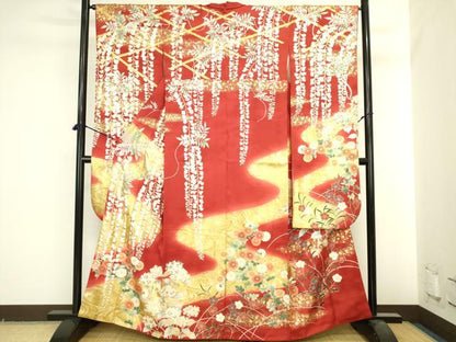 平和屋着物●豪華振袖　駒刺繍　枝垂れ藤　草花文　暈し染め　金彩　正絹　逸品　DABI5590op