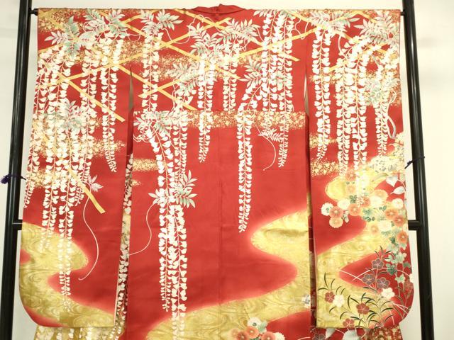 平和屋着物●豪華振袖　駒刺繍　枝垂れ藤　草花文　暈し染め　金彩　正絹　逸品　DABI5590op