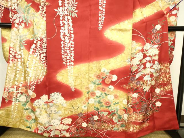 平和屋着物●豪華振袖　駒刺繍　枝垂れ藤　草花文　暈し染め　金彩　正絹　逸品　DABI5590op