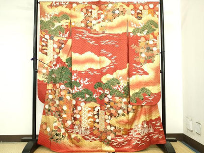 平和屋着物●豪華振袖　駒刺繍　流水花松文　暈し染め　金彩　正絹　逸品　DABI5605op