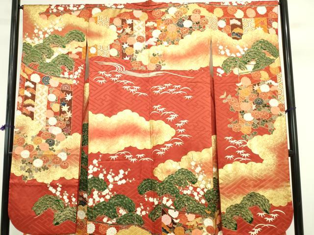 平和屋着物●豪華振袖　駒刺繍　流水花松文　暈し染め　金彩　正絹　逸品　DABI5605op