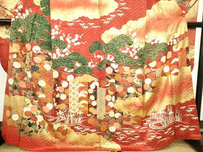平和屋着物●豪華振袖　駒刺繍　流水花松文　暈し染め　金彩　正絹　逸品　DABI5605op
