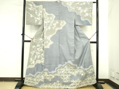 平和屋着物●訪問着　紬地　絞り　道長花文　反端付き　正絹　逸品　DABI5617op