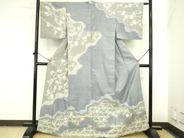 平和屋着物●訪問着　紬地　絞り　道長花文　反端付き　正絹　逸品　DABI5617op
