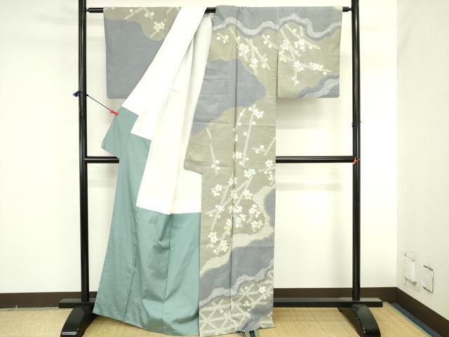平和屋着物●訪問着　紬地　絞り　道長花文　反端付き　正絹　逸品　DABI5617op