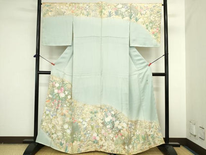 平和屋着物●東京手描友禅　安達雅一　訪問着　刺繍　草花　暈し染め　金彩　正絹　逸品　未使用　DABI5623op