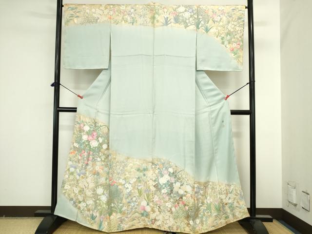 平和屋着物●東京手描友禅　安達雅一　訪問着　刺繍　草花　暈し染め　金彩　正絹　逸品　未使用　DABI5623op