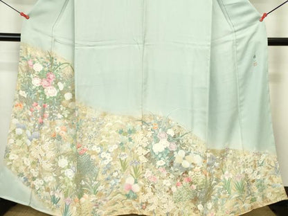 平和屋着物●東京手描友禅　安達雅一　訪問着　刺繍　草花　暈し染め　金彩　正絹　逸品　未使用　DABI5623op