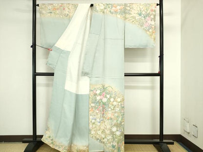 平和屋着物●東京手描友禅　安達雅一　訪問着　刺繍　草花　暈し染め　金彩　正絹　逸品　未使用　DABI5623op