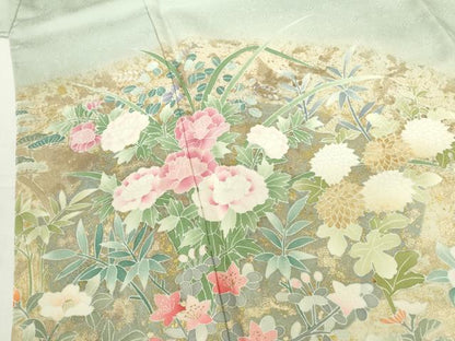 平和屋着物●東京手描友禅　安達雅一　訪問着　刺繍　草花　暈し染め　金彩　正絹　逸品　未使用　DABI5623op