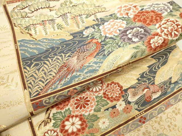 平和屋本店▼六通柄袋帯　唐織　鴛鴦風景花文　九百錦純金箔24K　正絹　逸品　DABI5684op