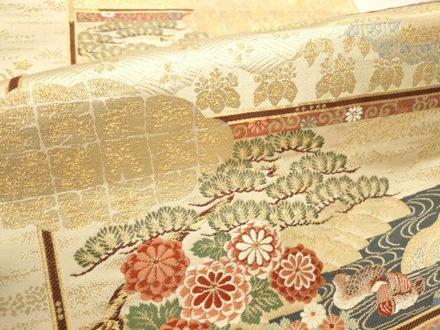 平和屋本店▼六通柄袋帯　唐織　鴛鴦風景花文　九百錦純金箔24K　正絹　逸品　DABI5684op