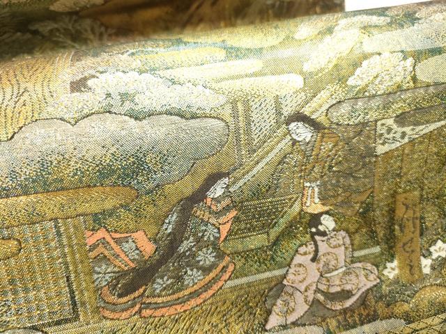 平和屋本店▼極上　西陣あさぎ　全通全景柄袋帯　源氏物語絵巻　24金プラチナ二重箔　正絹　逸品　未使用　DABI5690op