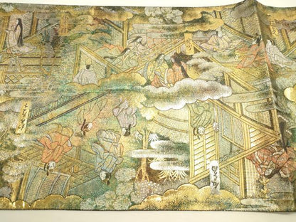 平和屋本店▼極上　西陣あさぎ　全通全景柄袋帯　源氏物語絵巻　24金プラチナ二重箔　正絹　逸品　未使用　DABI5690op