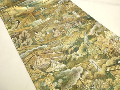 平和屋本店▼極上　西陣あさぎ　全通全景柄袋帯　源氏物語絵巻　24金プラチナ二重箔　正絹　逸品　未使用　DABI5690op