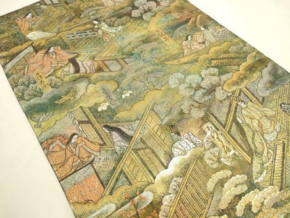 平和屋本店▼極上　西陣あさぎ　全通全景柄袋帯　源氏物語絵巻　24金プラチナ二重箔　正絹　逸品　未使用　DABI5690op