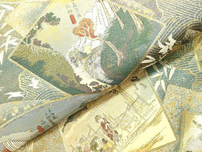 平和屋本店▼極上　西陣あさぎ　全通全景柄袋帯　東海道五拾三次　全三景の参　本金箔　証紙付き　正絹　逸品　未使用　DABI5691op