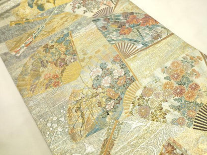 平和屋本店▼極上　西陣あさぎ　両面　全通全景柄袋帯　琳派三十六華扇　24金プラチナ二重箔　通知書付き　正絹　逸品　DABI5693op