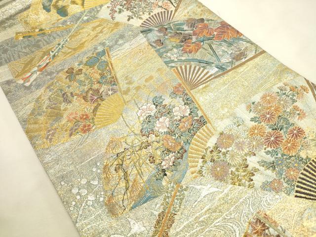 平和屋本店▼極上　西陣あさぎ　両面　全通全景柄袋帯　琳派三十六華扇　24金プラチナ二重箔　通知書付き　正絹　逸品　DABI5693op