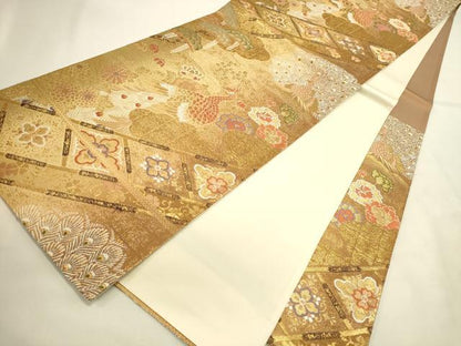 平和屋本店▼六通柄袋帯　唐織　孔雀花文　本金箔　正絹　逸品　DABI5735op